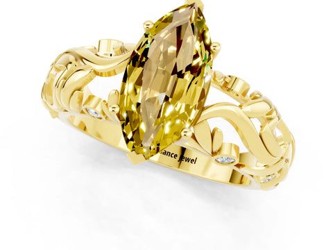 Yellow gold Marquise Cut Solitaire Yellow Sapphire Leaf-Inspired Vine Band Ring with Prong Setting_25