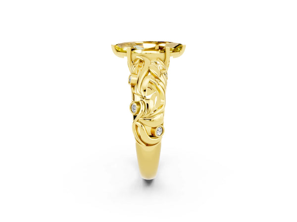 Yellow gold Marquise Cut Solitaire Yellow Sapphire Leaf-Inspired Vine Band Ring with Prong Setting