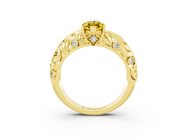 Yellow gold Marquise Cut Solitaire Yellow Sapphire Leaf-Inspired Vine Band Ring with Prong Setting