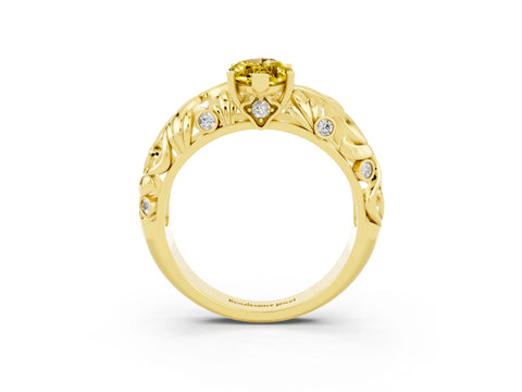 Yellow gold Marquise Cut Solitaire Yellow Sapphire Leaf-Inspired Vine Band Ring with Prong Setting_27