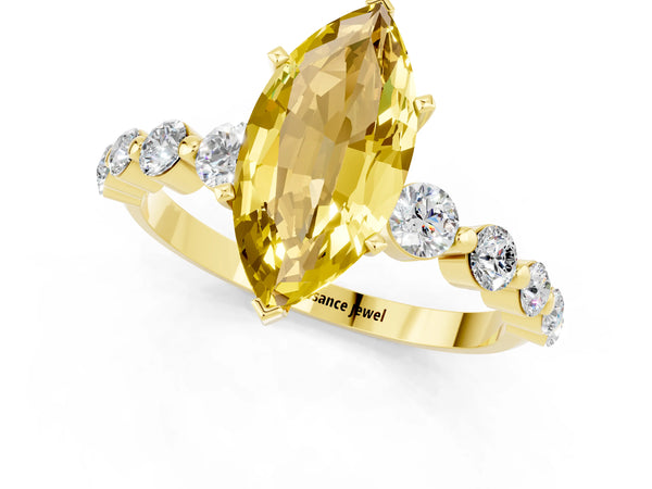 Yellow gold Marquise Cut Solitaire Yellow Sapphire Ring with Pave Band and Four-Prong Setting