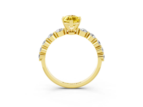 Yellow gold Marquise Cut Solitaire Yellow Sapphire Ring with Pave Band and Four-Prong Setting