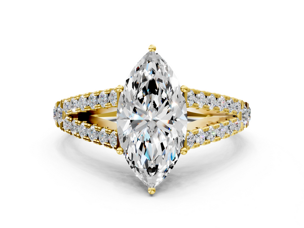 Yellow gold Marquise Cut Split Shank Pave Diamond Engagement Ring with Four-Prong Setting