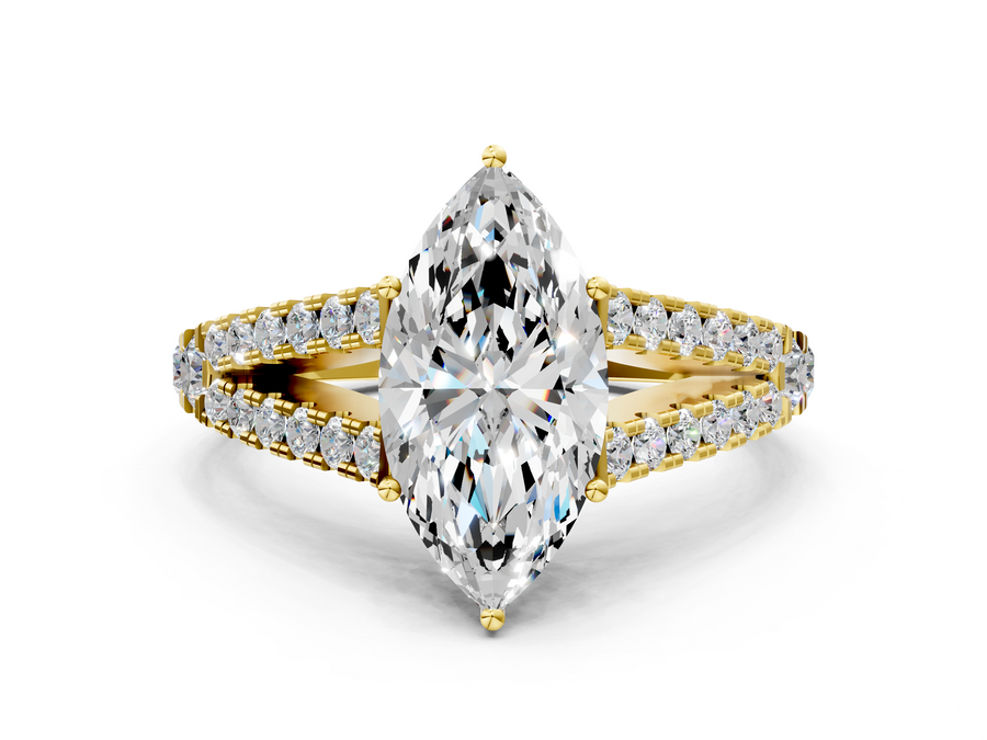 Yellow gold Marquise Cut Split Shank Pave Diamond Engagement Ring with Four-Prong Setting