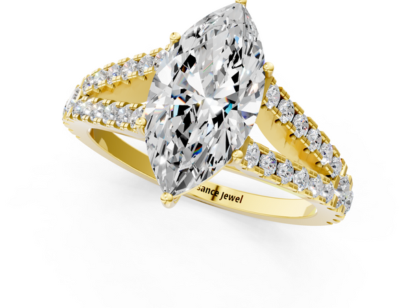 Yellow gold Marquise Cut Split Shank Pave Diamond Engagement Ring with Four-Prong Setting