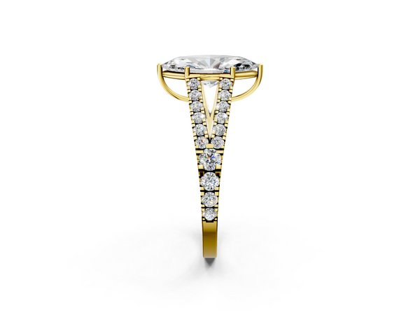 Yellow gold Marquise Cut Split Shank Pave Diamond Engagement Ring with Four-Prong Setting