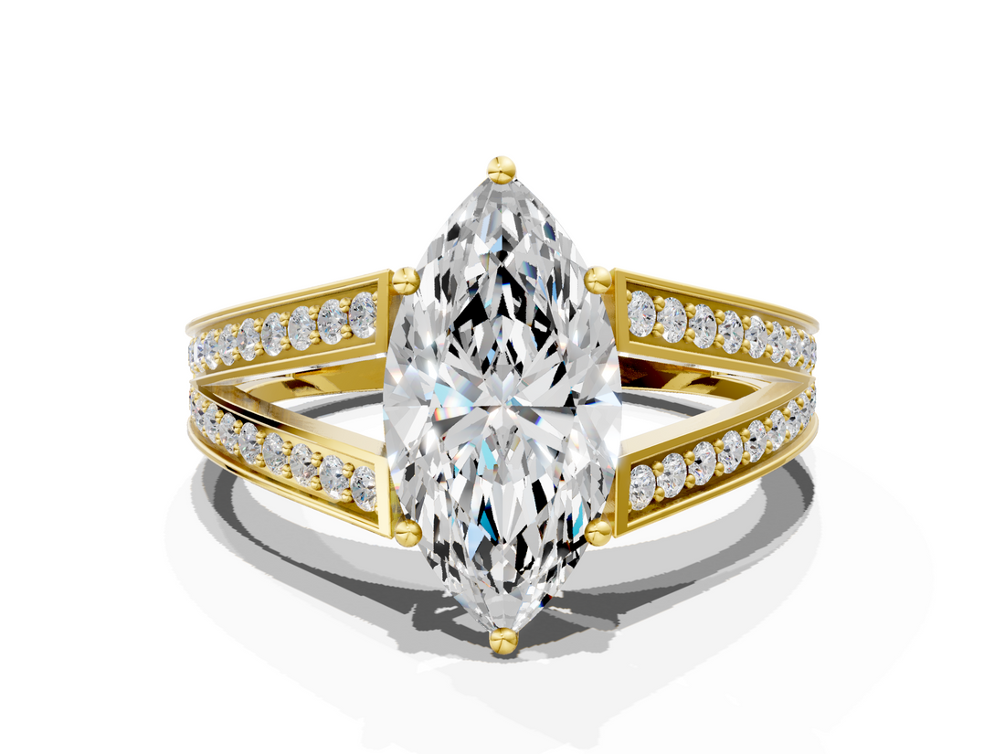Yellow gold Marquise Cut Split Shank Pave Diamond Ring with Four-Prong Setting_52