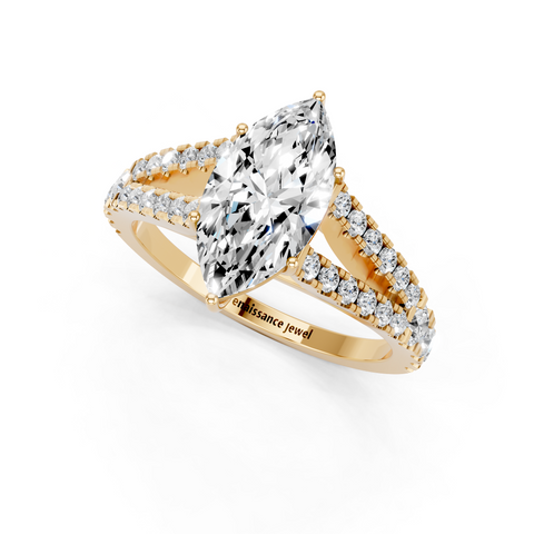 Yellow gold Marquise Cut Split Shank Pave Engagement Ring with Four-Prong Setting_2