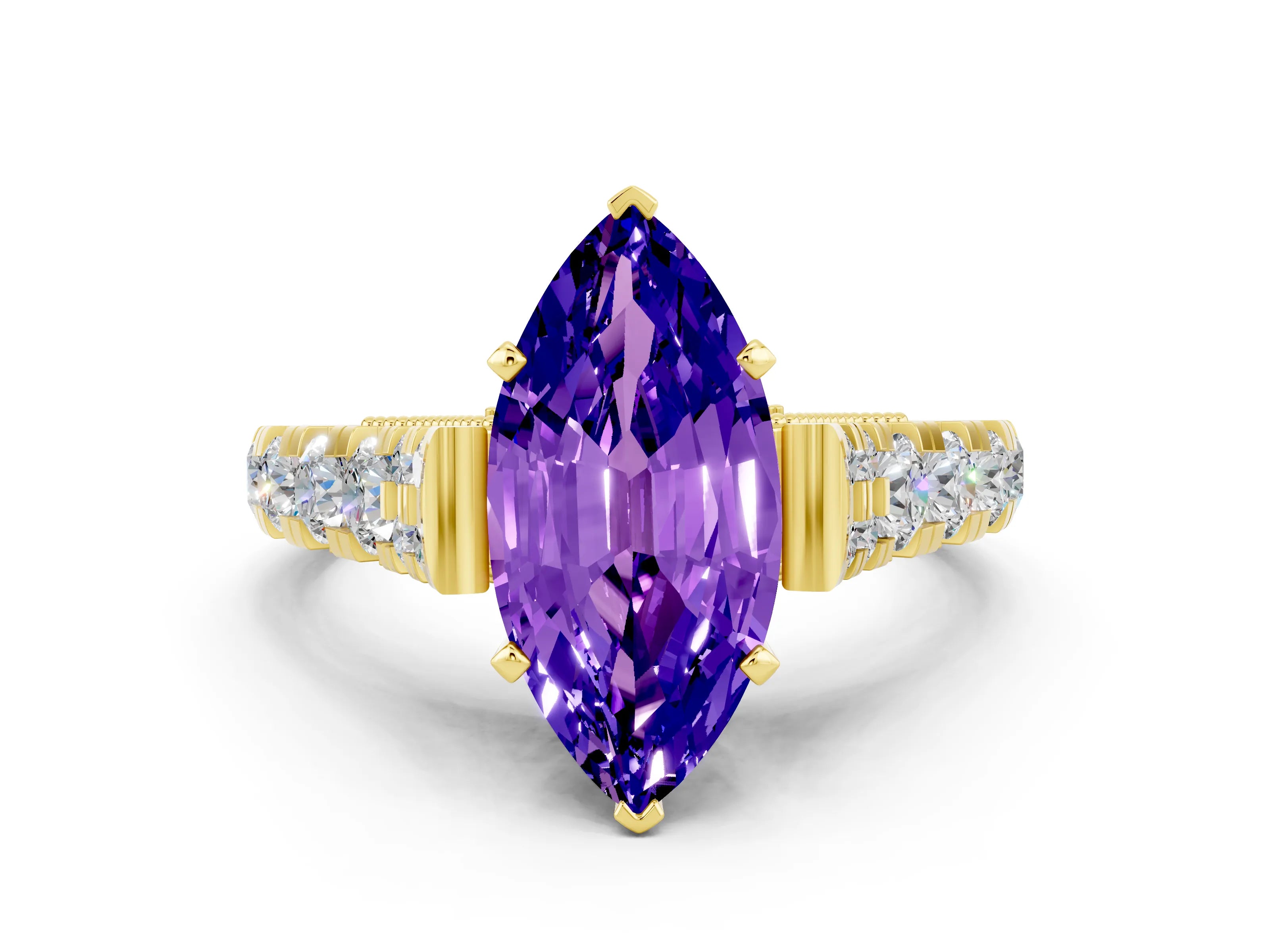 Yellow gold Marquise Cut Tanzanite Classic Solitaire Ring with Pavé Band and Four-Prong Setting
