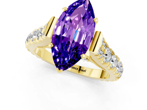 Yellow gold Marquise Cut Tanzanite Classic Solitaire Ring with Pavé Band and Four-Prong Setting_1