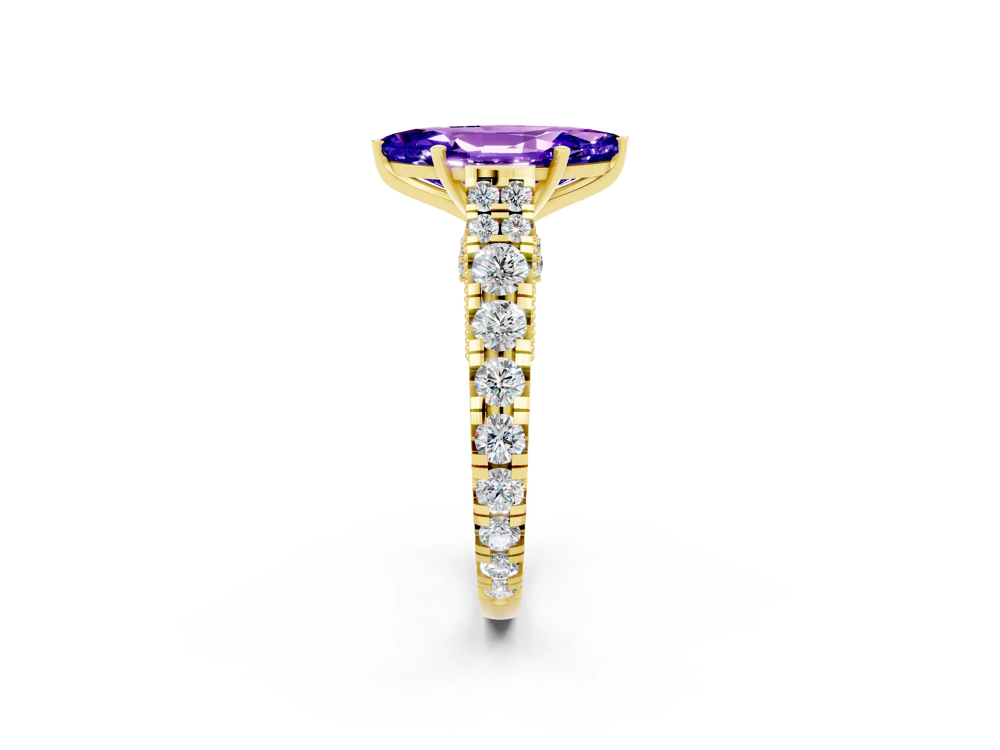 Yellow gold Marquise Cut Tanzanite Classic Solitaire Ring with Pavé Band and Four-Prong Setting_2