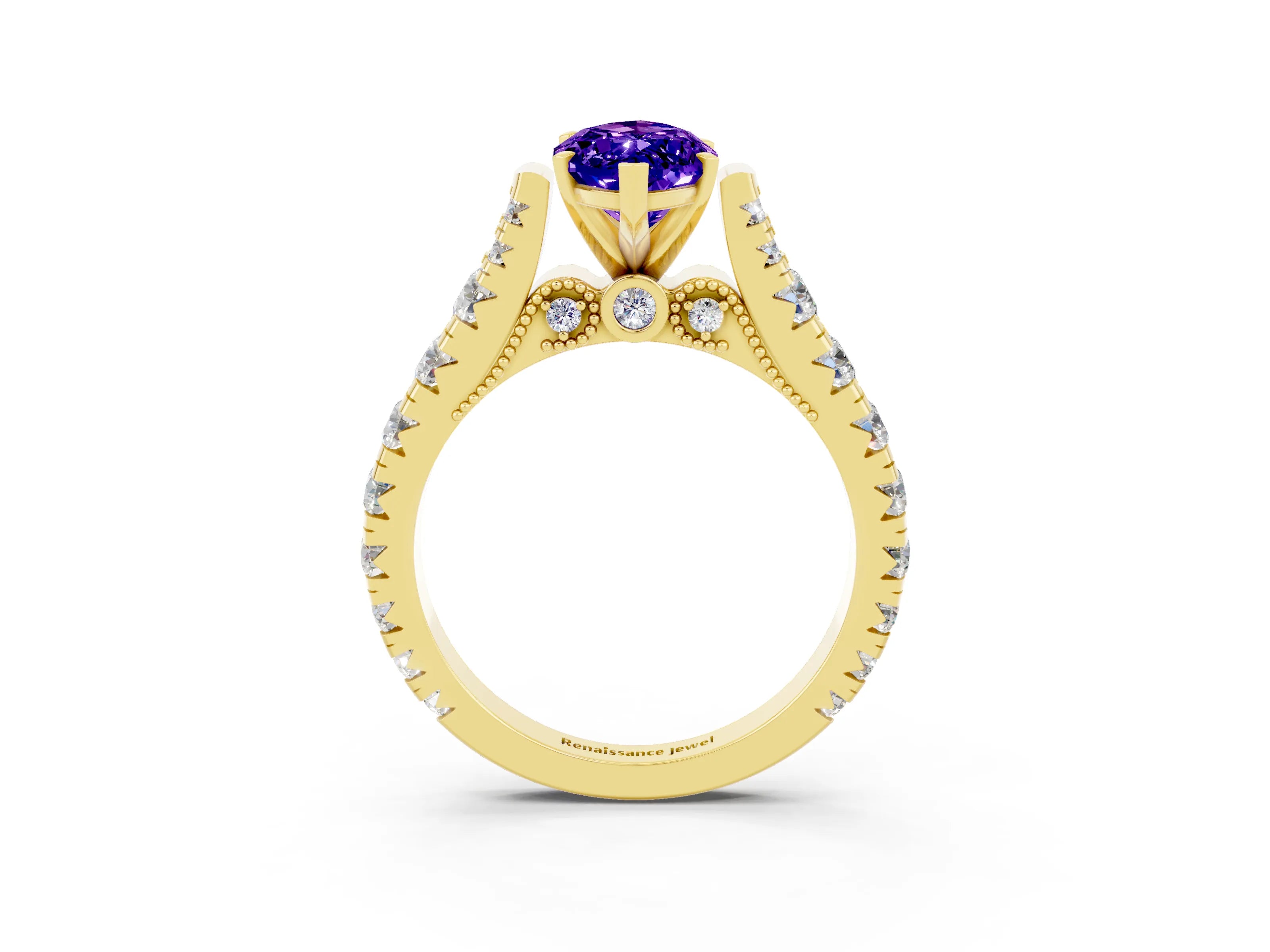 Yellow gold Marquise Cut Tanzanite Classic Solitaire Ring with Pavé Band and Four-Prong Setting_3