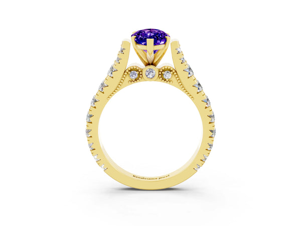 Yellow gold Marquise Cut Tanzanite Classic Solitaire Ring with Pavé Band and Four-Prong Setting