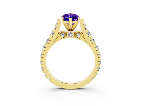 Yellow gold Marquise Cut Tanzanite Classic Solitaire Ring with Pavé Band and Four-Prong Setting_3