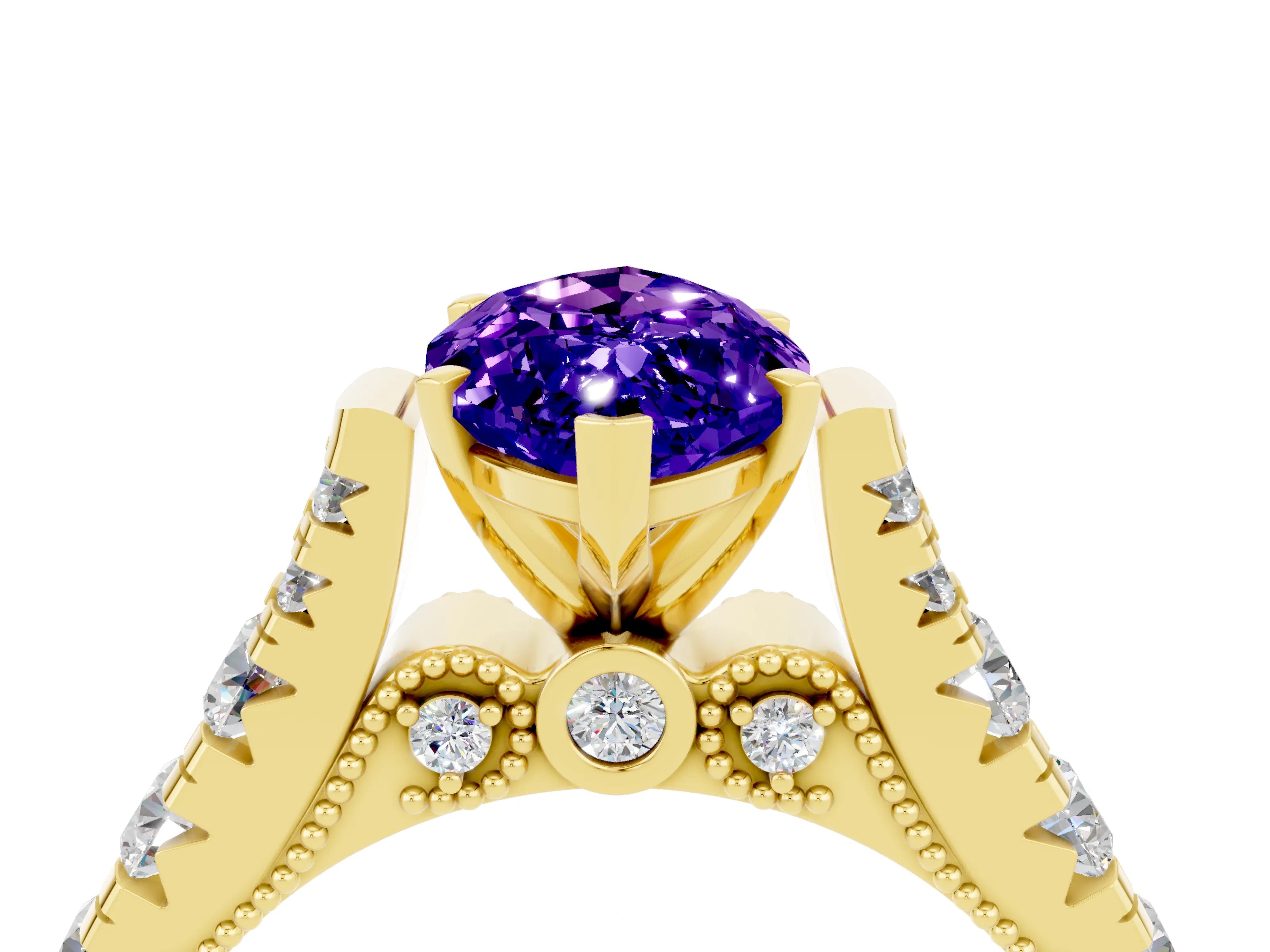 Yellow gold Marquise Cut Tanzanite Classic Solitaire Ring with Pavé Band and Four-Prong Setting_4