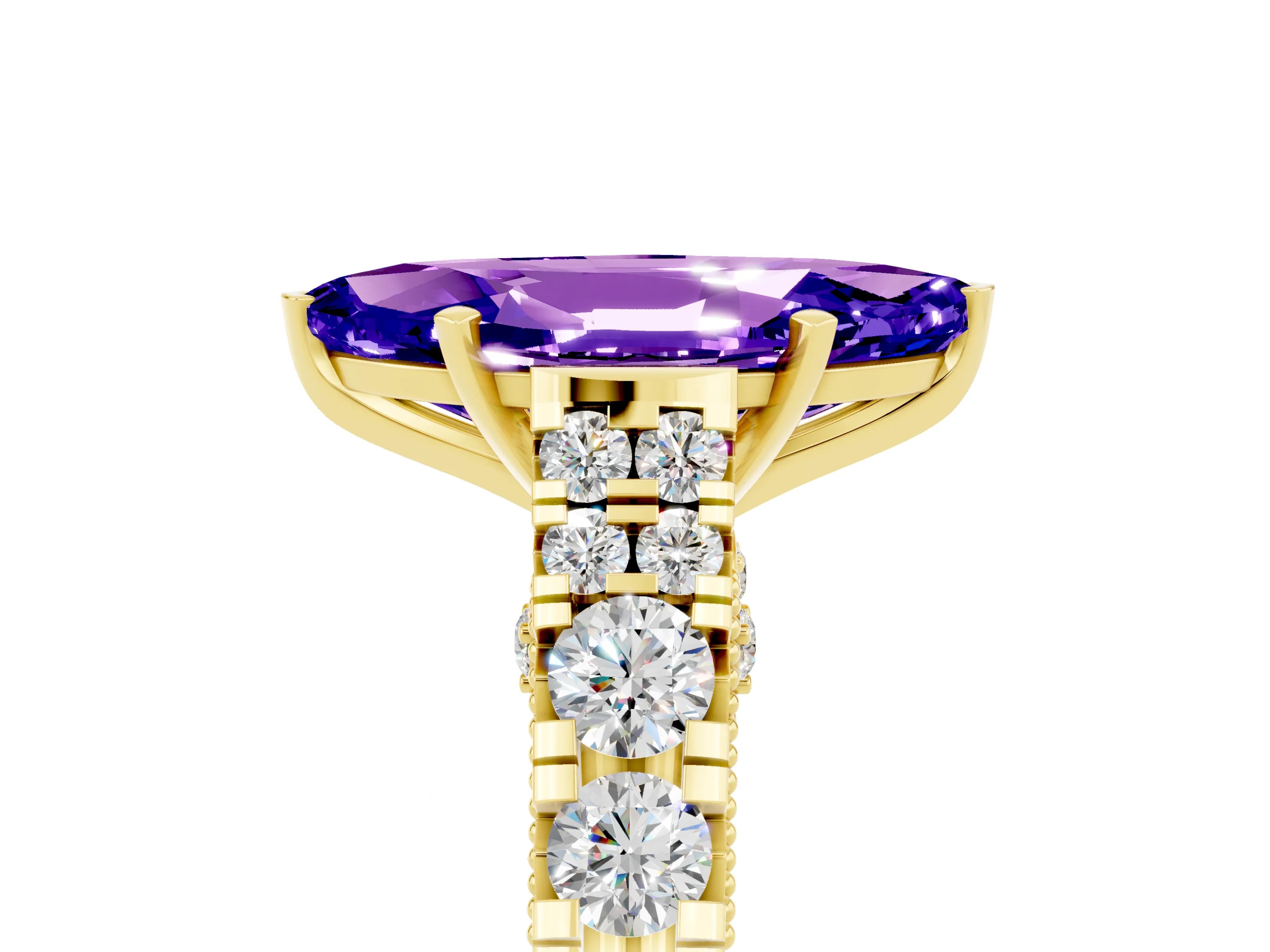 Yellow gold Marquise Cut Tanzanite Classic Solitaire Ring with Pavé Band and Four-Prong Setting_5