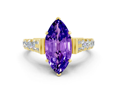 Yellow gold Marquise Cut Tanzanite Classic Solitaire Ring with Pavé Band and Four-Prong Setting