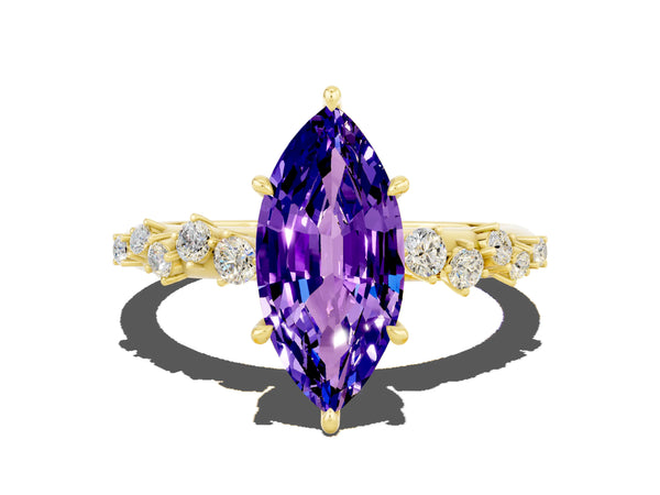 Yellow gold Marquise Cut Tanzanite Cluster Side Stone Solitaire Ring with Prong Setting