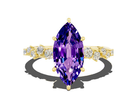 Yellow gold Marquise Cut Tanzanite Cluster Side Stone Solitaire Ring with Prong Setting_24