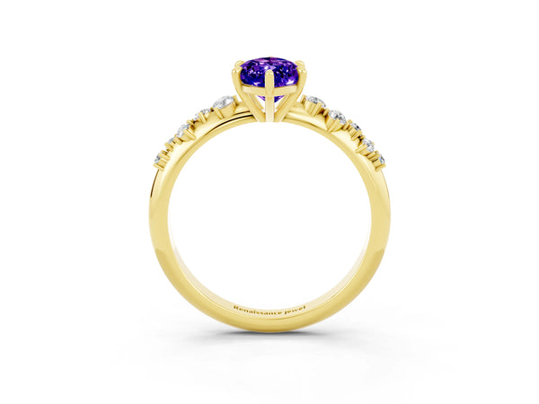 Yellow gold Marquise Cut Tanzanite Cluster Side Stone Solitaire Ring with Prong Setting