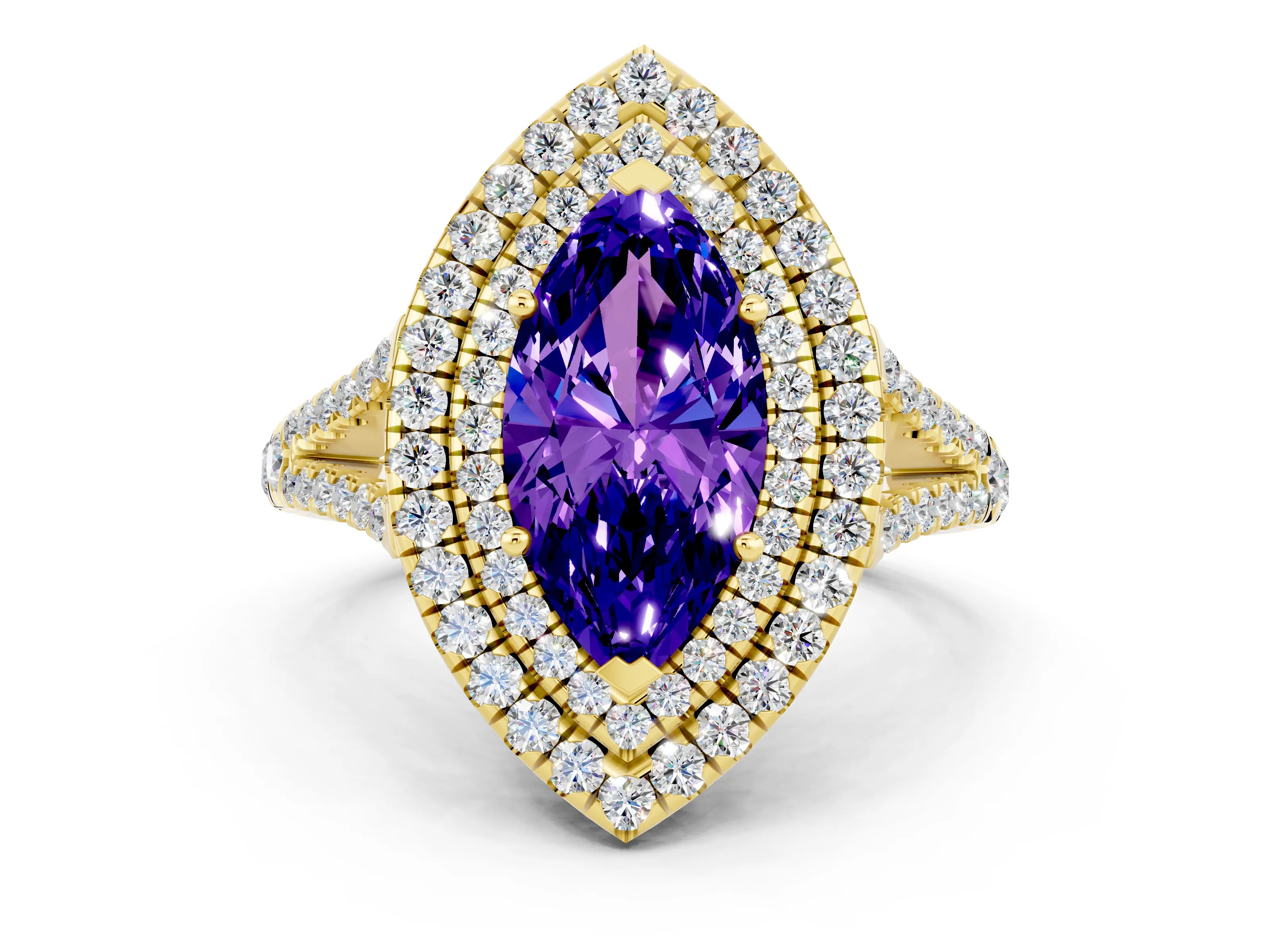 Yellow gold Marquise Cut Tanzanite Double Halo Ring with Pavé Band and Prong Setting_12