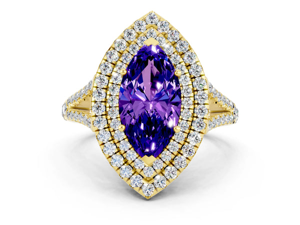 Yellow gold Marquise Cut Tanzanite Double Halo Ring with Pavé Band and Prong Setting
