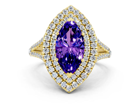Yellow gold Marquise Cut Tanzanite Double Halo Ring with Pavé Band and Prong Setting_12