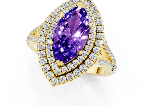 Yellow gold Marquise Cut Tanzanite Double Halo Ring with Pavé Band and Prong Setting_13