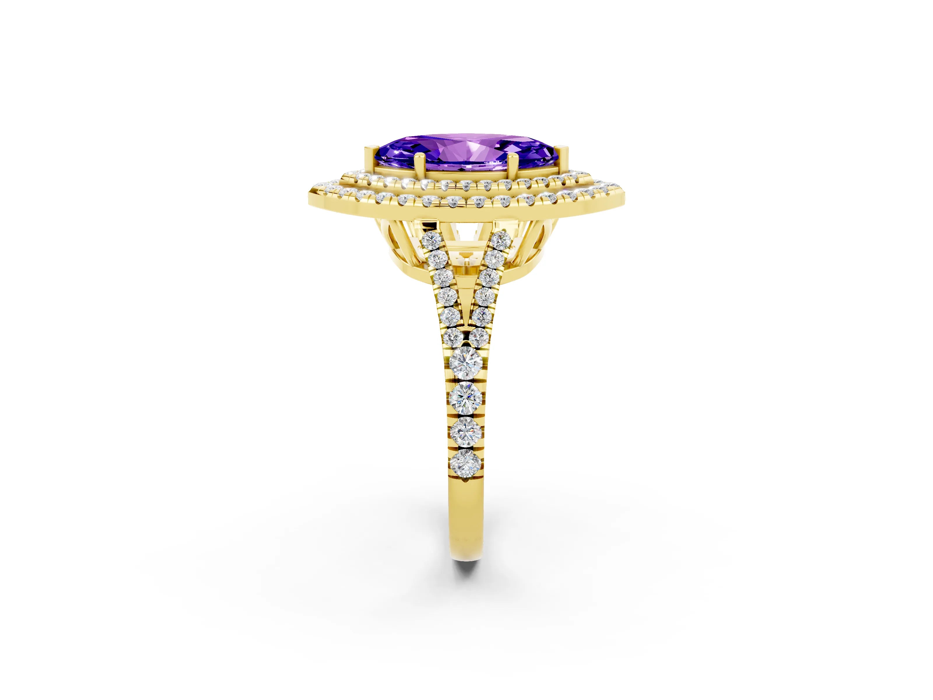 Yellow gold Marquise Cut Tanzanite Double Halo Ring with Pavé Band and Prong Setting_14