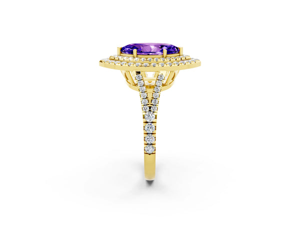 Yellow gold Marquise Cut Tanzanite Double Halo Ring with Pavé Band and Prong Setting