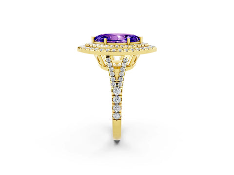 Yellow gold Marquise Cut Tanzanite Double Halo Ring with Pavé Band and Prong Setting_14