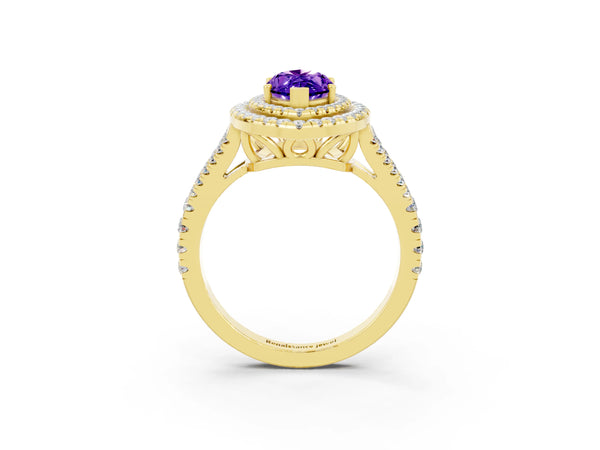 Yellow gold Marquise Cut Tanzanite Double Halo Ring with Pavé Band and Prong Setting