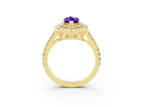 Yellow gold Marquise Cut Tanzanite Double Halo Ring with Pavé Band and Prong Setting_15