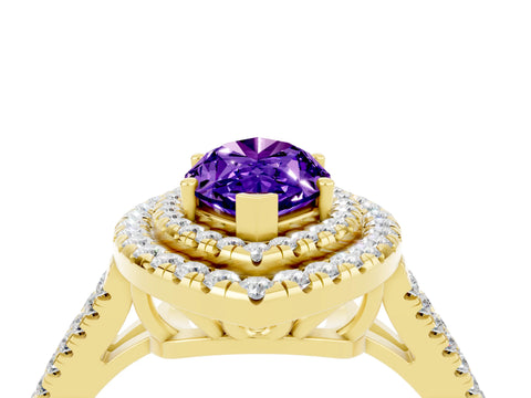 Yellow gold Marquise Cut Tanzanite Double Halo Ring with Pavé Band and Prong Setting_16