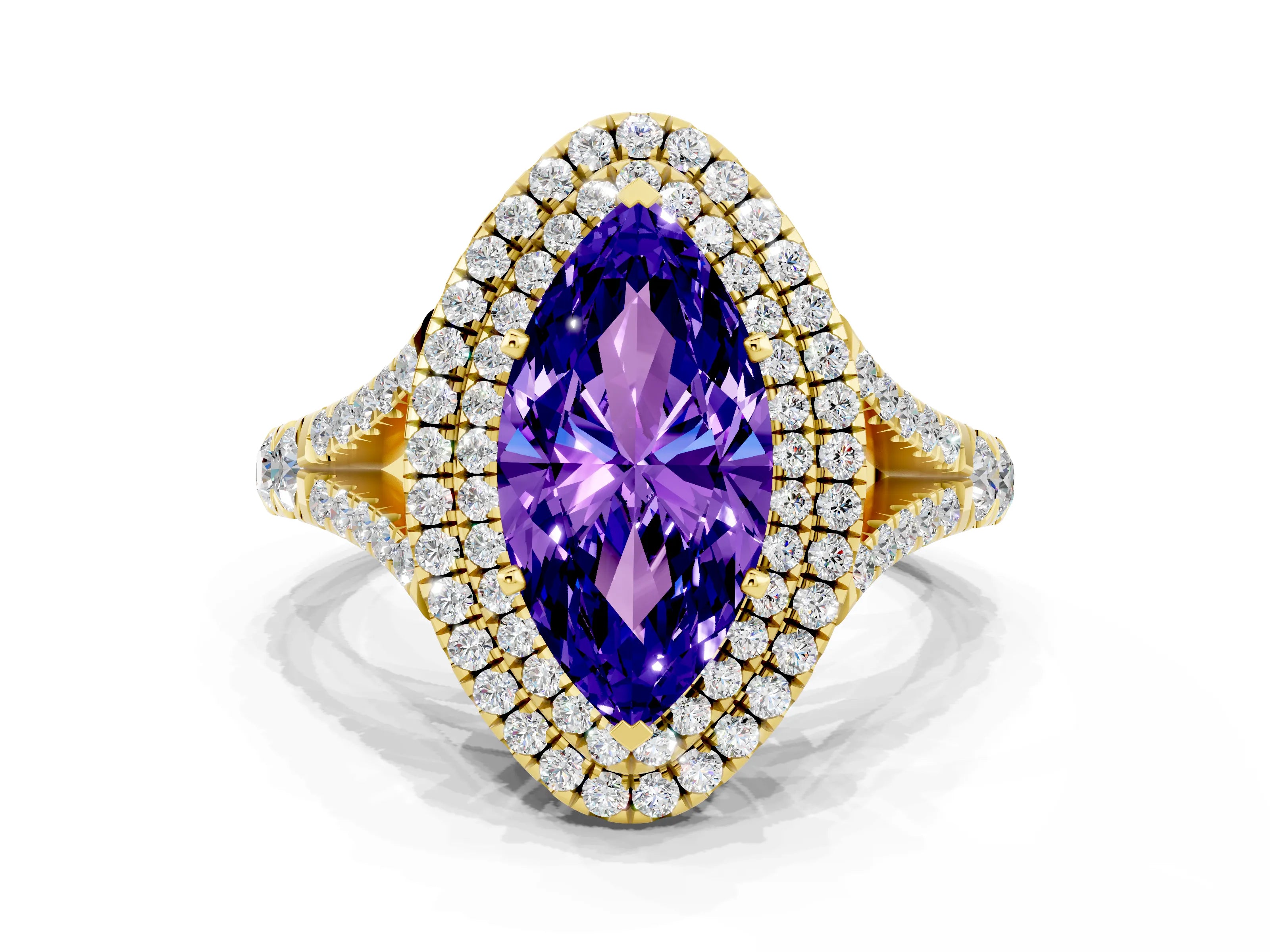 Yellow gold Marquise Cut Tanzanite Double Halo Ring with Split Shank and Prong Setting_12