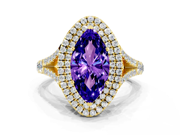 Yellow gold Marquise Cut Tanzanite Double Halo Ring with Split Shank and Prong Setting