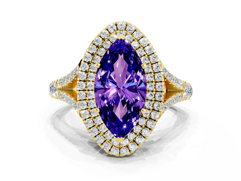 Yellow gold Marquise Cut Tanzanite Double Halo Ring with Split Shank and Prong Setting_12