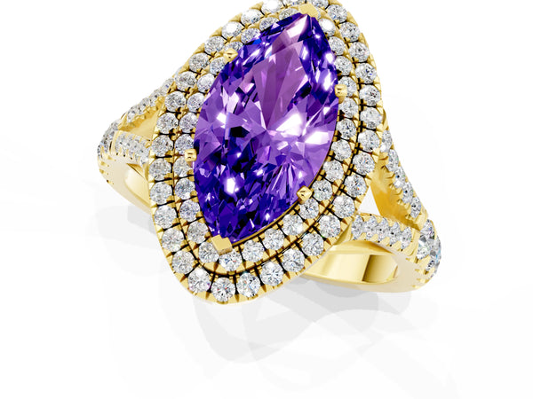 Yellow gold Marquise Cut Tanzanite Double Halo Ring with Split Shank and Prong Setting