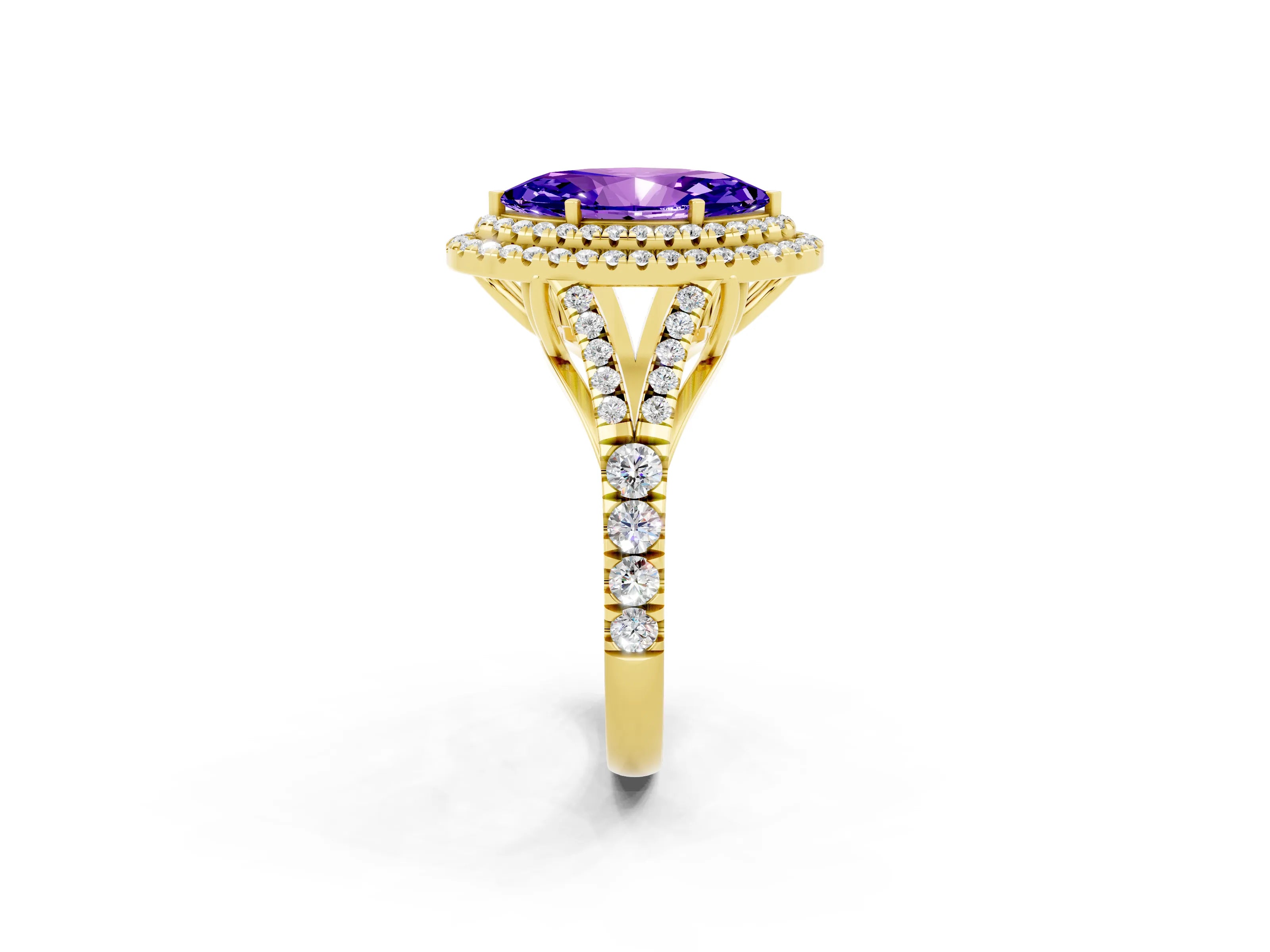 Yellow gold Marquise Cut Tanzanite Double Halo Ring with Split Shank and Prong Setting_14