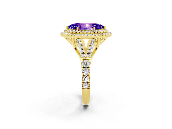 Yellow gold Marquise Cut Tanzanite Double Halo Ring with Split Shank and Prong Setting