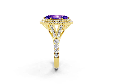 Yellow gold Marquise Cut Tanzanite Double Halo Ring with Split Shank and Prong Setting_14