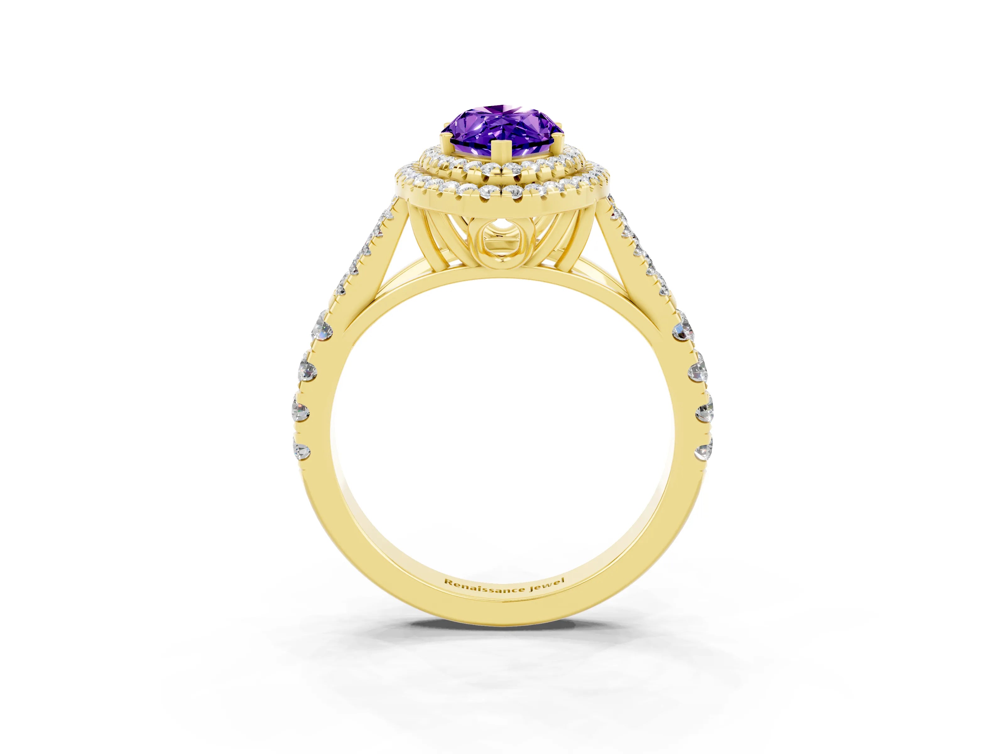 Yellow gold Marquise Cut Tanzanite Double Halo Ring with Split Shank and Prong Setting_15