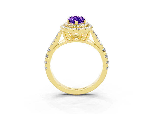 Yellow gold Marquise Cut Tanzanite Double Halo Ring with Split Shank and Prong Setting