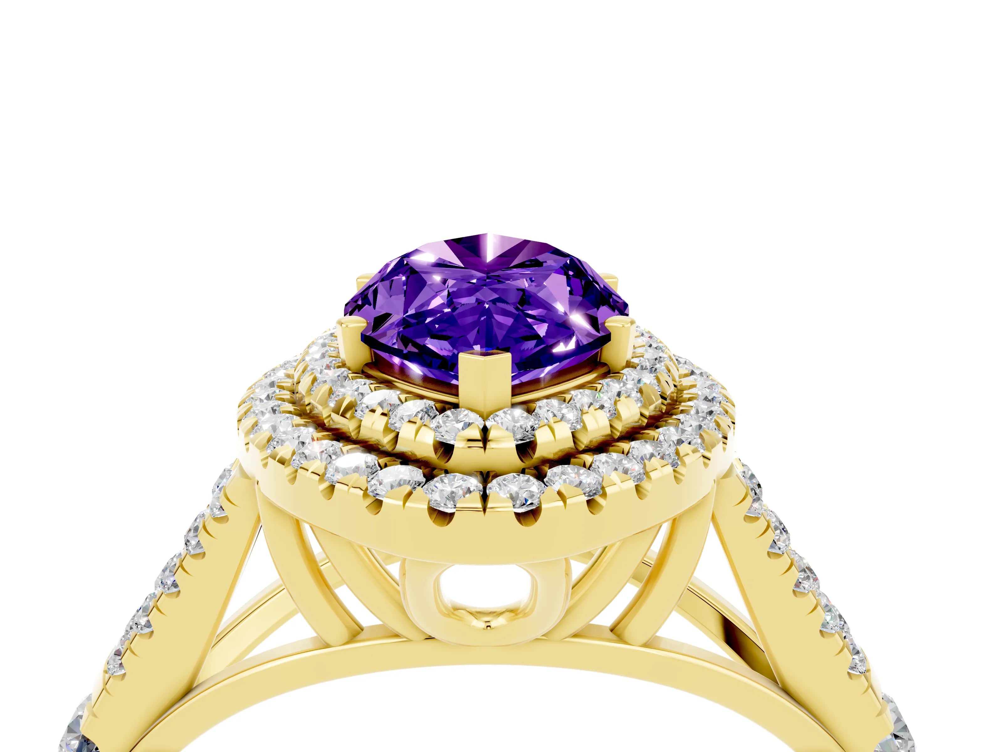 Yellow gold Marquise Cut Tanzanite Double Halo Ring with Split Shank and Prong Setting_16