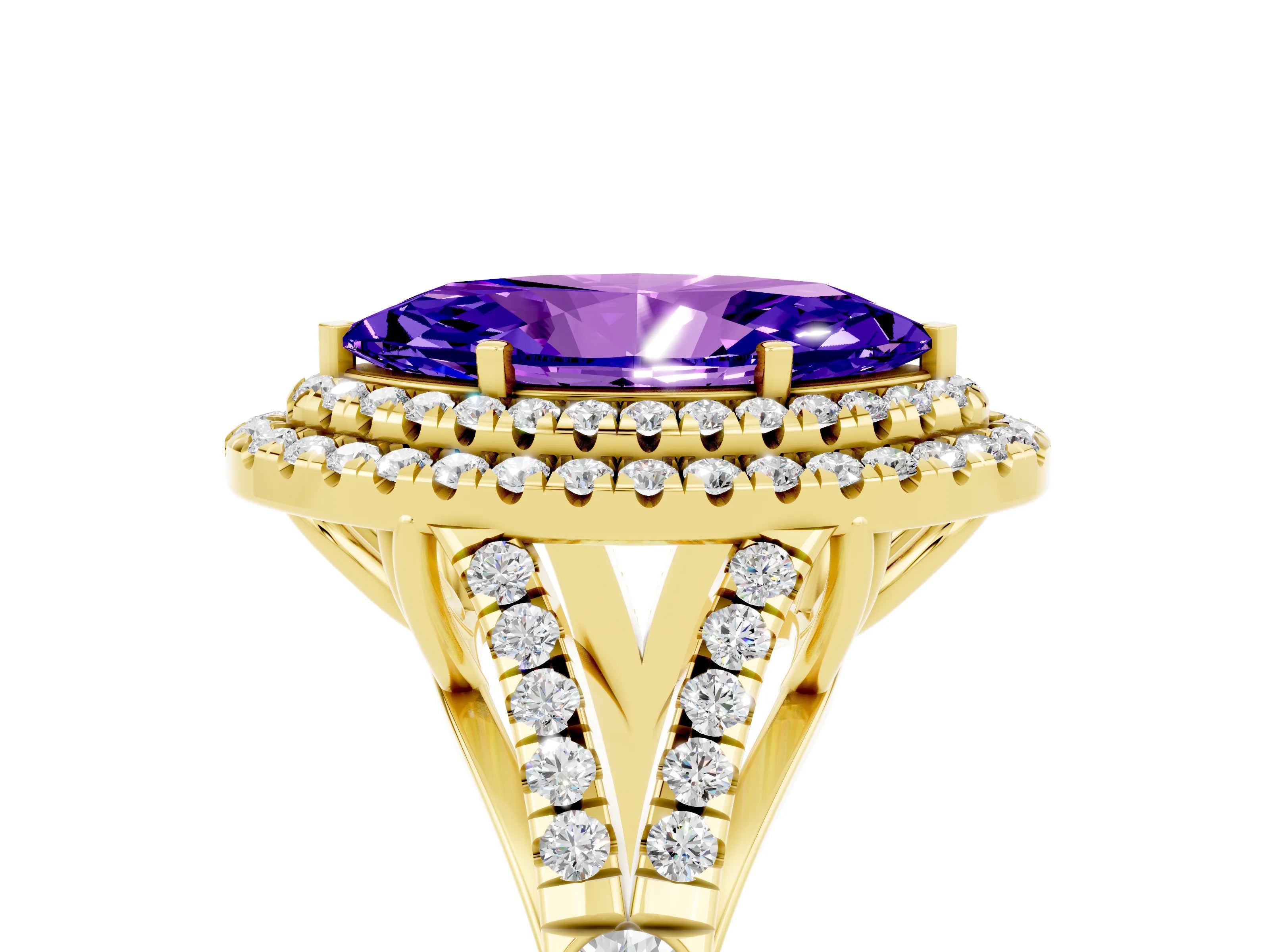 Yellow gold Marquise Cut Tanzanite Double Halo Ring with Split Shank and Prong Setting_17