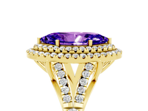 Yellow gold Marquise Cut Tanzanite Double Halo Ring with Split Shank and Prong Setting_17