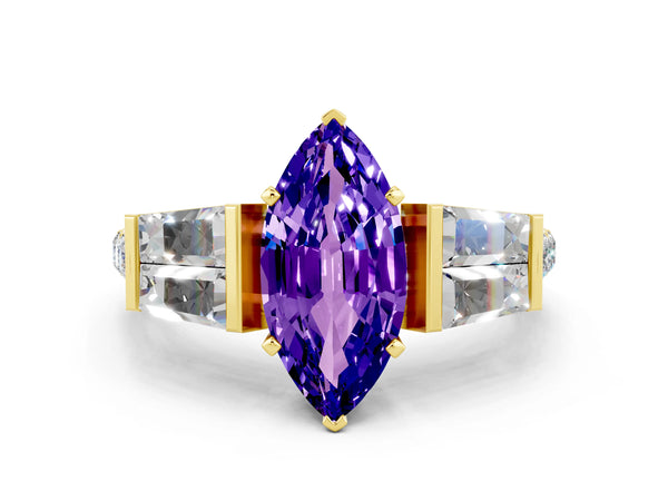 Yellow gold Marquise Cut Tanzanite Engagement Ring with Baguette Side Stones and Channel Set Band
