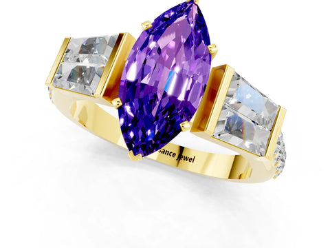 Yellow gold Marquise Cut Tanzanite Engagement Ring with Baguette Side Stones and Channel Set Band_1