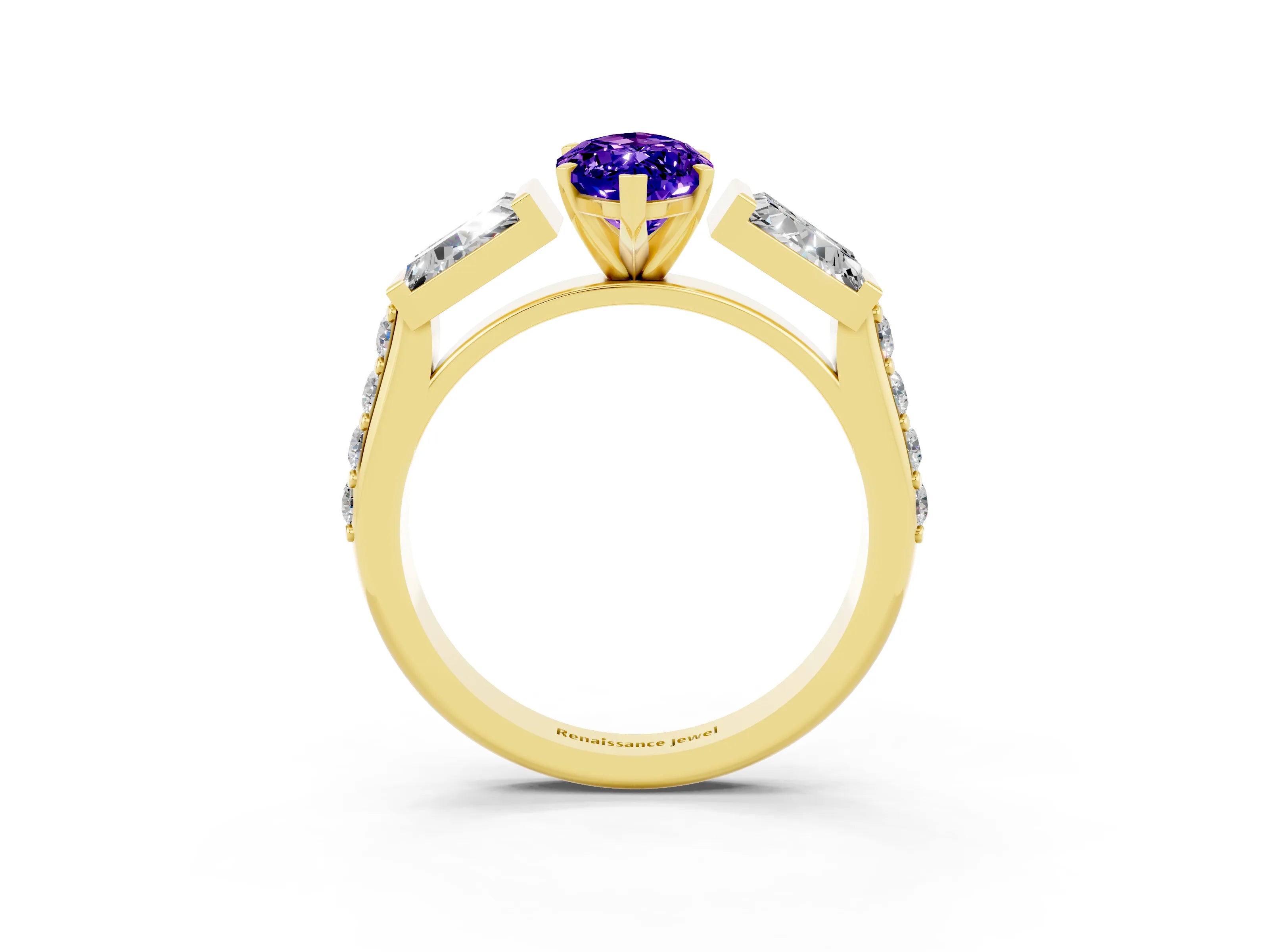 Yellow gold Marquise Cut Tanzanite Engagement Ring with Baguette Side Stones and Channel Set Band_3