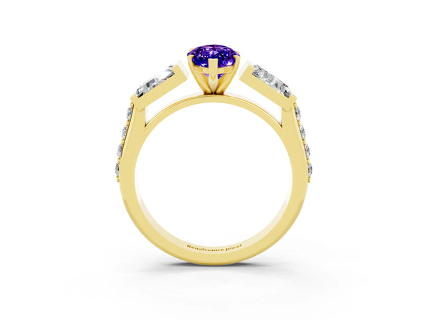 Yellow gold Marquise Cut Tanzanite Engagement Ring with Baguette Side Stones and Channel Set Band